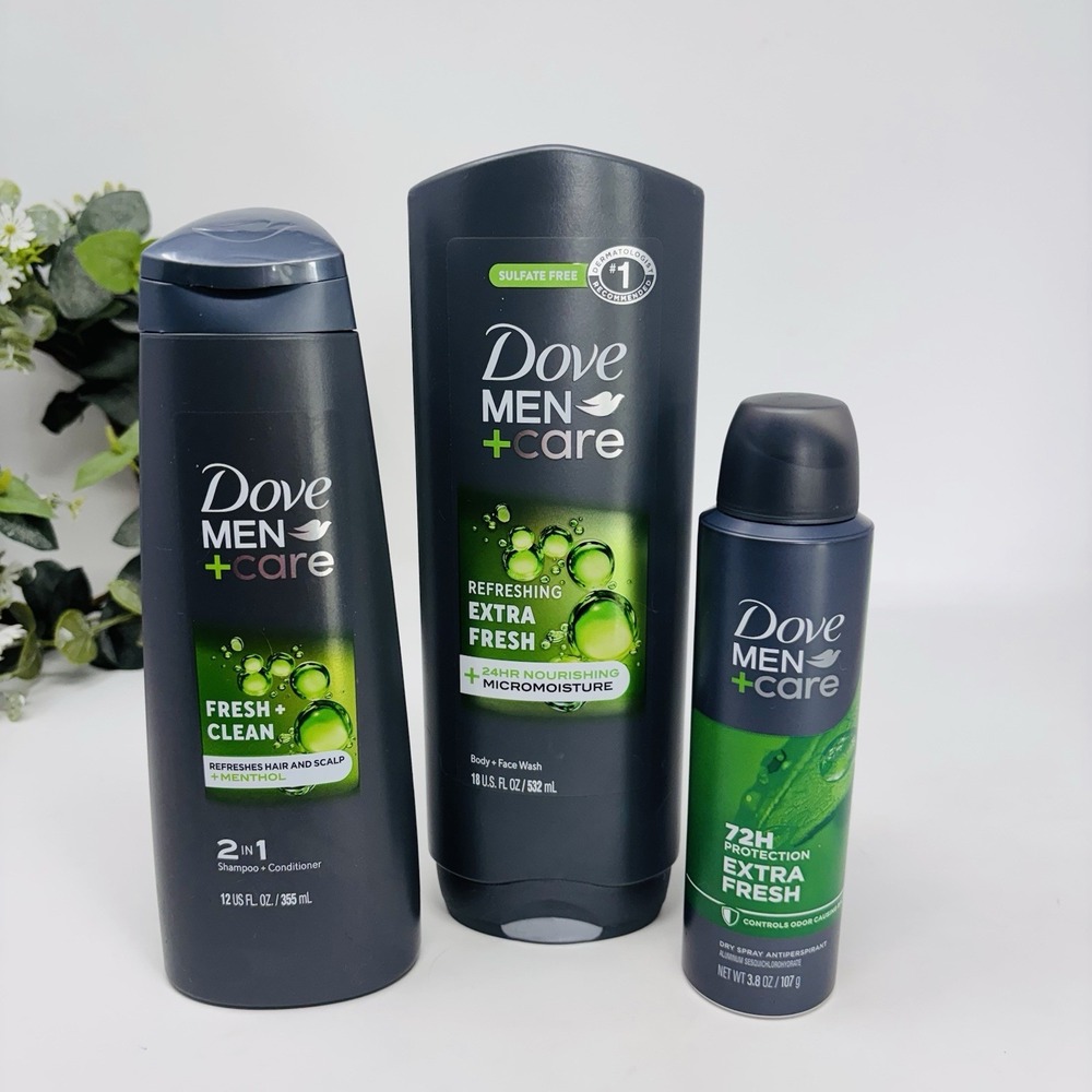 3 Dove MEN + Care 2-in-1 Shampoo Body Wash & Dry Spray Antiperspirant New